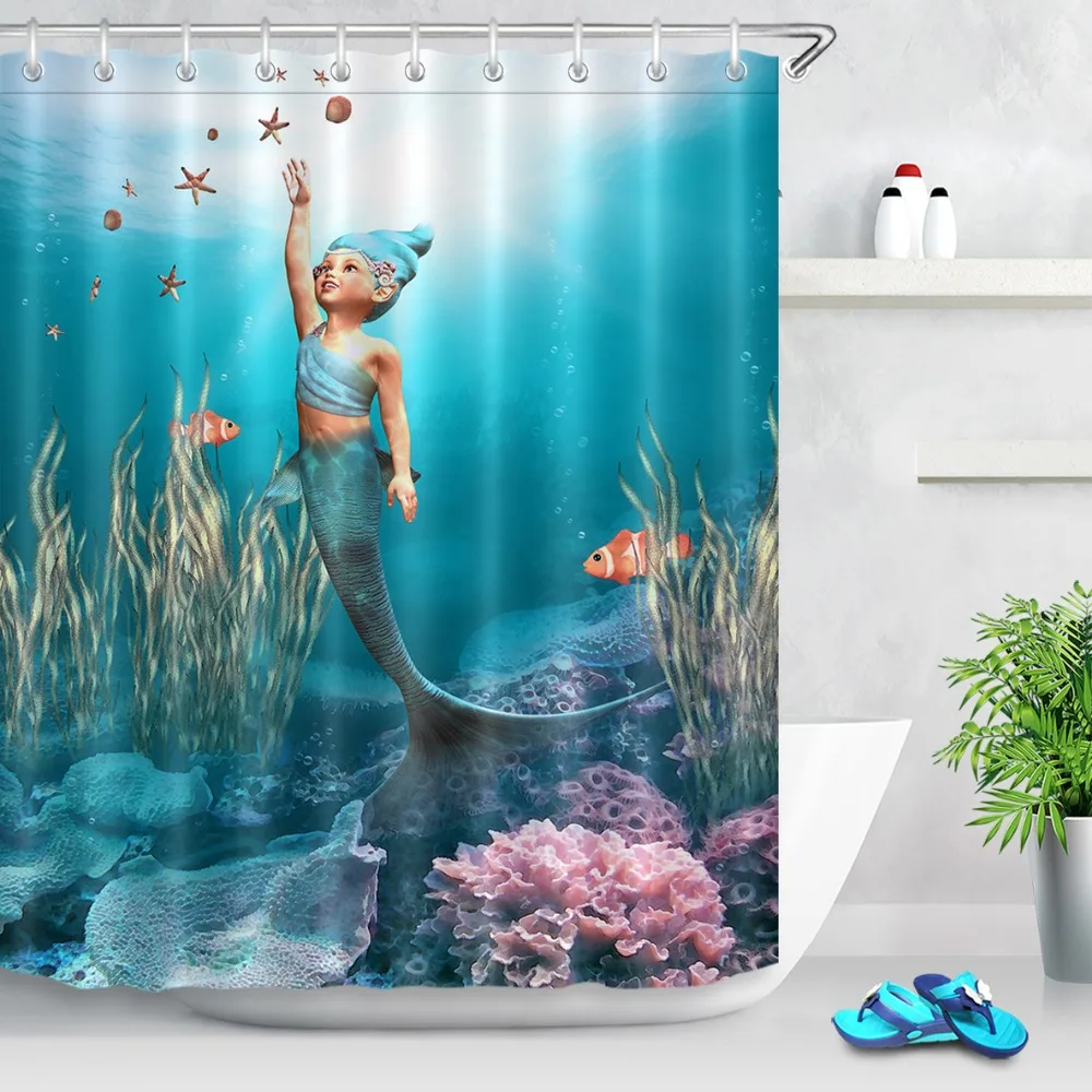 LB 72'✽ Shower Curtains Little Mermaid Starfish Seas Oceans Polyester Bathroom Curtain Fabric for Kids Girl Bathtub Home Decor | Дом и