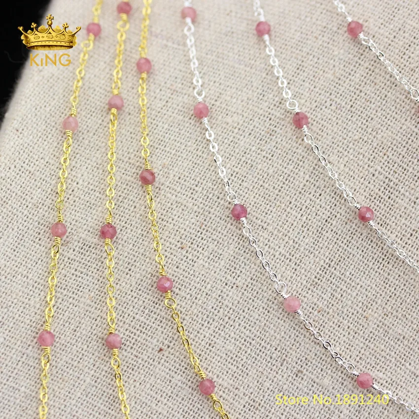 

5meters Rosary Chains Beaded Jewelry Crafts,Natural Pink Tourmaline Tiny Stones Faceted Round Loose Beads Connectors Chain ZJ255
