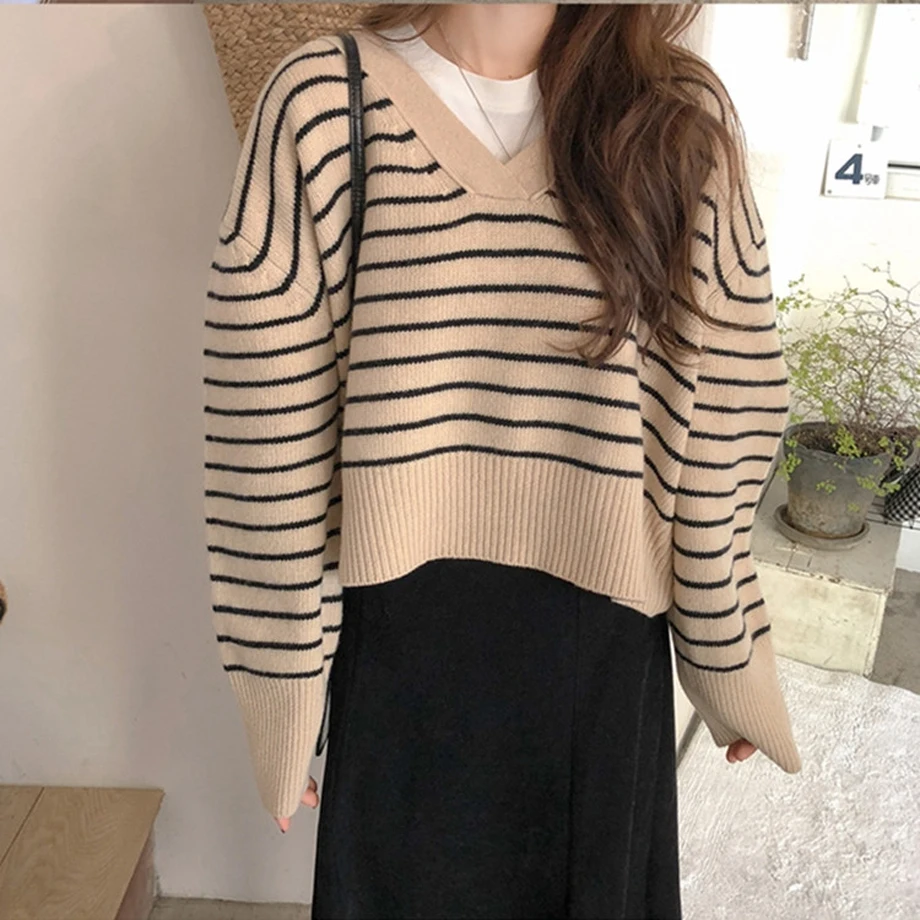 Женский свитер Осенний полосатый с v-образным вырезом 2019 |