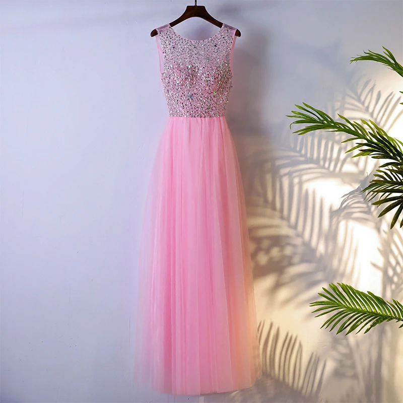 Розовое длинное вечернее вечерние платье с пайетками и бусинами фатиновое для