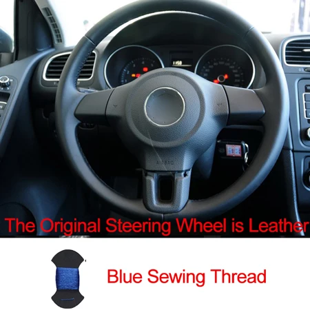 Leather Blue Hand Sewing Car Steering Wheel Cover Top Cow Leather Funda Volante For Volkswagen Golf 6 Mk6 VW Polo MK5 2010 2011 2012 2013 - Название цвета: Leather Blue
