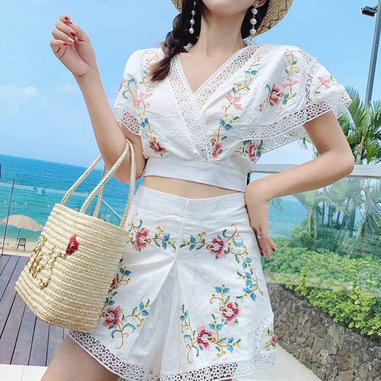 Женские модельные костюмы SHTONGHUA из 2 предметов кружевной лоскутный короткий топ с