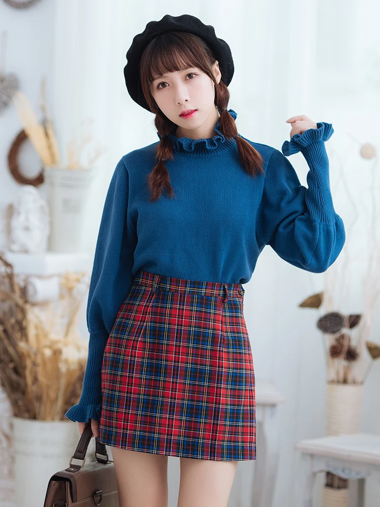 

Милый свитер принцессы в стиле Лолиты из чистого хлопка с рукавами-копытами и оборками, с высоким воротником, Повседневный свитер на осень и...