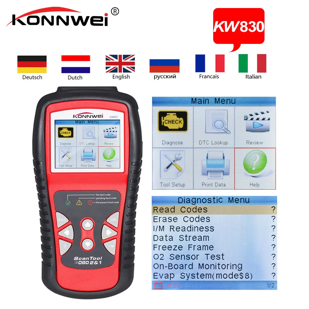 KONNWEI KW830 OBD2 Автомобильная Марка EOBD сканер кодов неисправностей автомобильные адаптеры для бортовой диагностики, версия II инструмент с функцией тестирования батареи