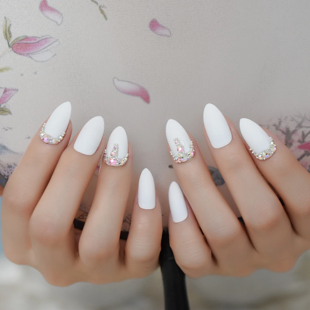 Matte Custom Fake Nails Craft White Decorative Luxury Nails Stiletto Rhinestones Designed Fingernails with Glue sticker 24pcs images - 6