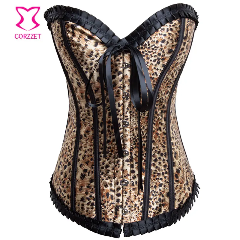 Leopard Свадебный weding атласной оборкой жаккардовые Цветочные без бретелек корсеты и бюстье стимпанк корсет overbust сексуальный готический зашнуровать корсет - Цвет: Leopard