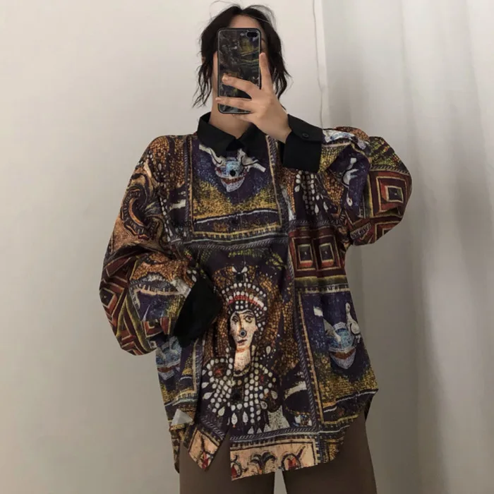 BF Harajuku уличная женская одежда блузки винтажная рубашка оверсайз с принтом