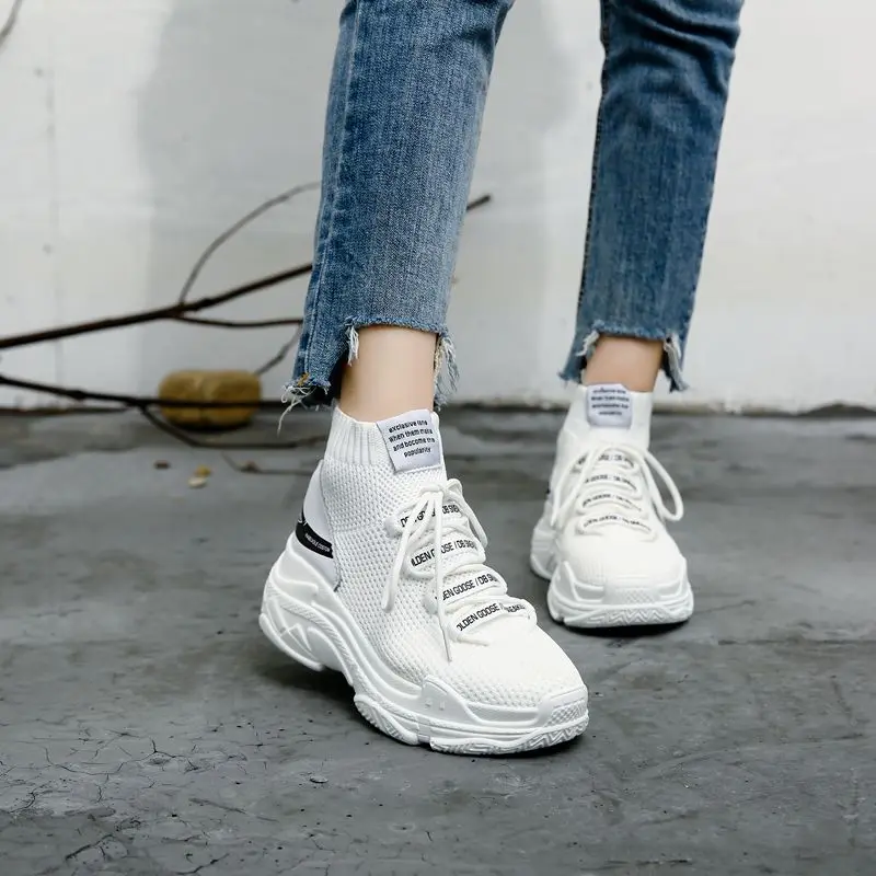 Прямая поставка высокие кроссовки женские вязаные дышащие носки модная обувь на