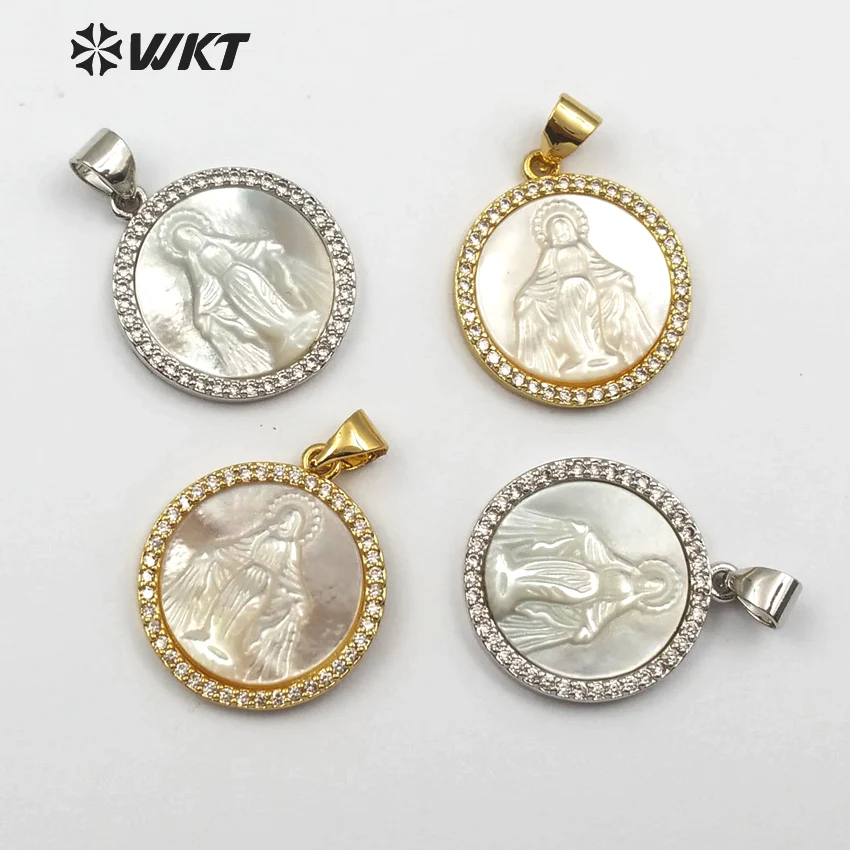 WT-MP113 Blessed Virgin Mary Miraculous Medal Round Pendant Charm Cubic Zirconia Shell De Guadalupe Pendant Religious Jewelry
