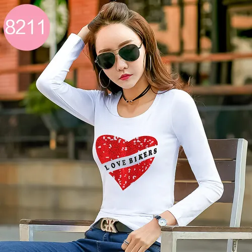 8211 White Новинка, Женская Весенняя уличная Модная белая футболка с круглым вырезом и длинным рукавом с модным принтом, топы, женские повседневные стразы, футболки - Цвет: 8211 White