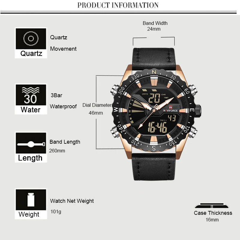 NAVIFORCE новые роскошные спортивные и фирменные мужские часы светодиодный
