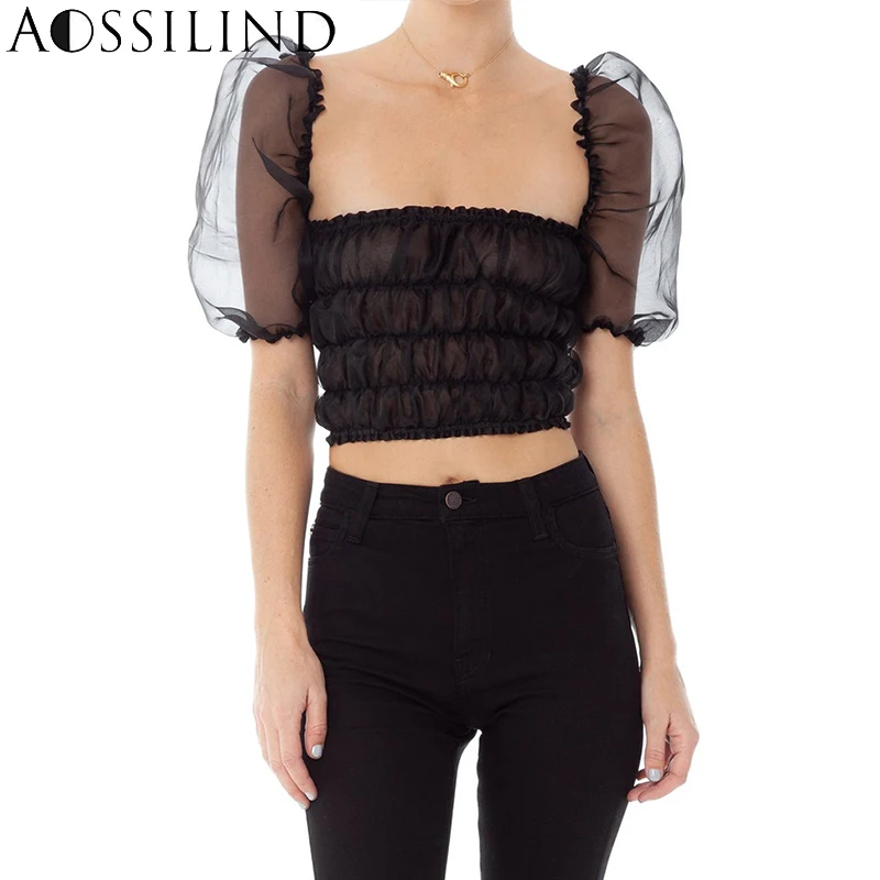 AOSSILIND прозрачный Ruched укороченный Топ для женщин короткий рукав белый черный