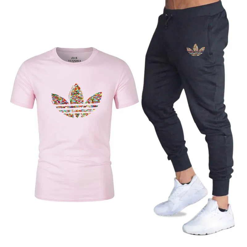 Summer hot running suit T-shirt + pants two-piece casual sportswear men 2019 gym fitness trousers male | Мужская одежда