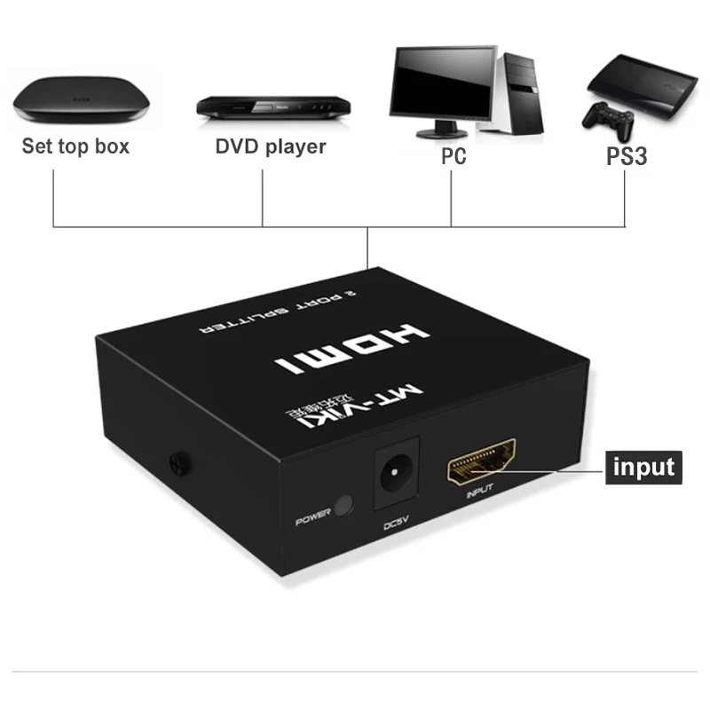 MT-VIKI HDMI-совместимый сплиттер HD видео дистрибьютор 1x2 1080P 3D 1 вход 2 выхода 5 в 1A