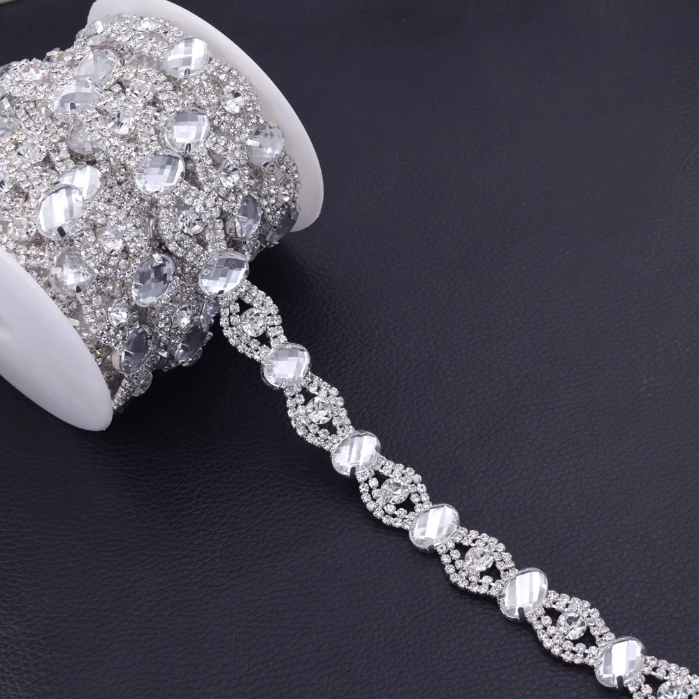 

5Yard oval Glass Crystal Rhinestone Trimming Clear stone Bridal Dress Shoes Hand made Sewing Chain Garment Applique