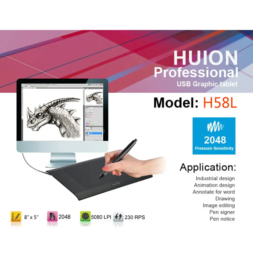 Ру сток HUION 580 1" цифровая доска для письма, планшет, цифровой планшет, графический планшет для рисования, 2048 Уровень, планшет для письма для Mac