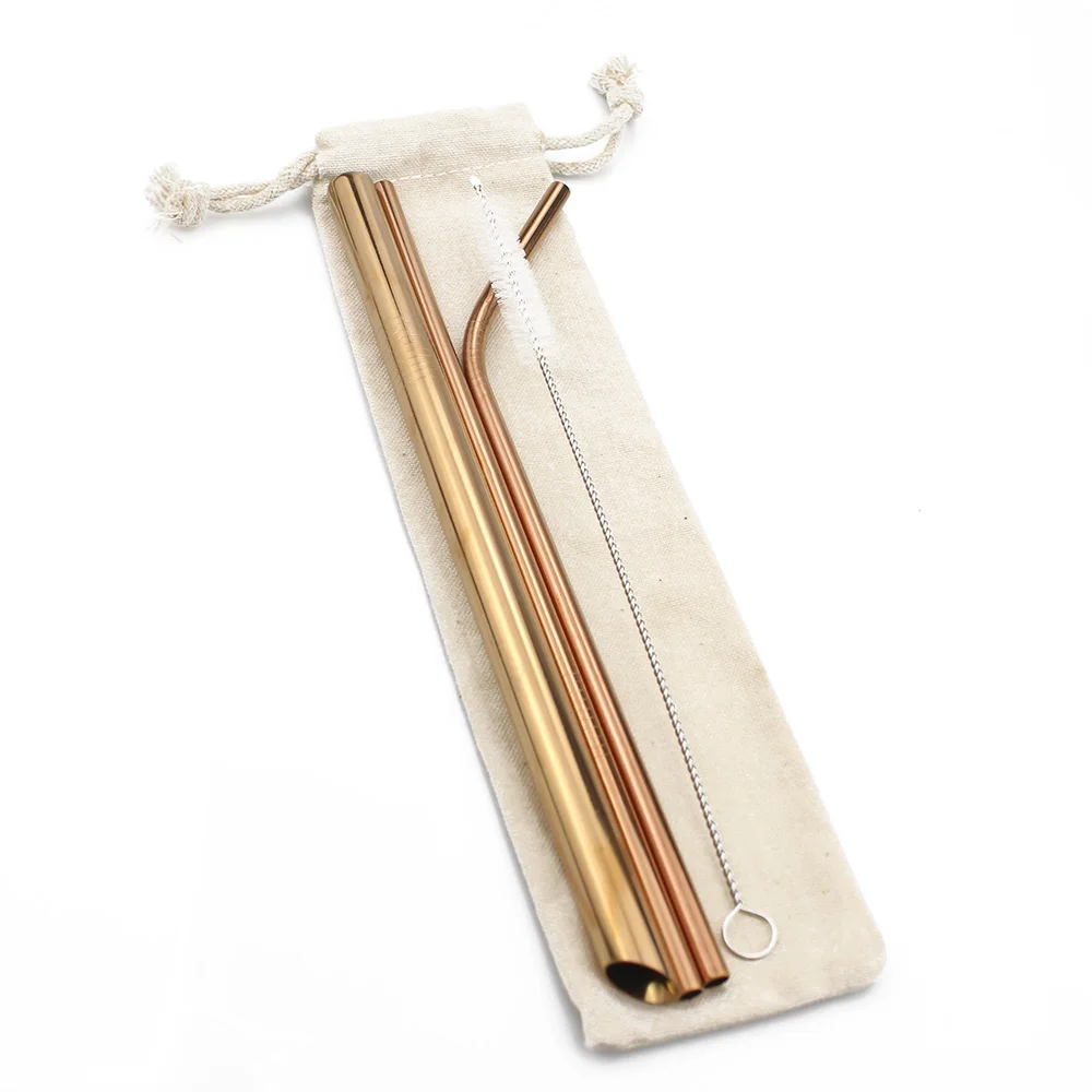 5pcs 304 Stainless Steel Sharp Pointy End Straw Reusable Metal Drinking Straws Set with Brush Bag For Home Party Bar Accessories - Цвет: Rose WhiteBag