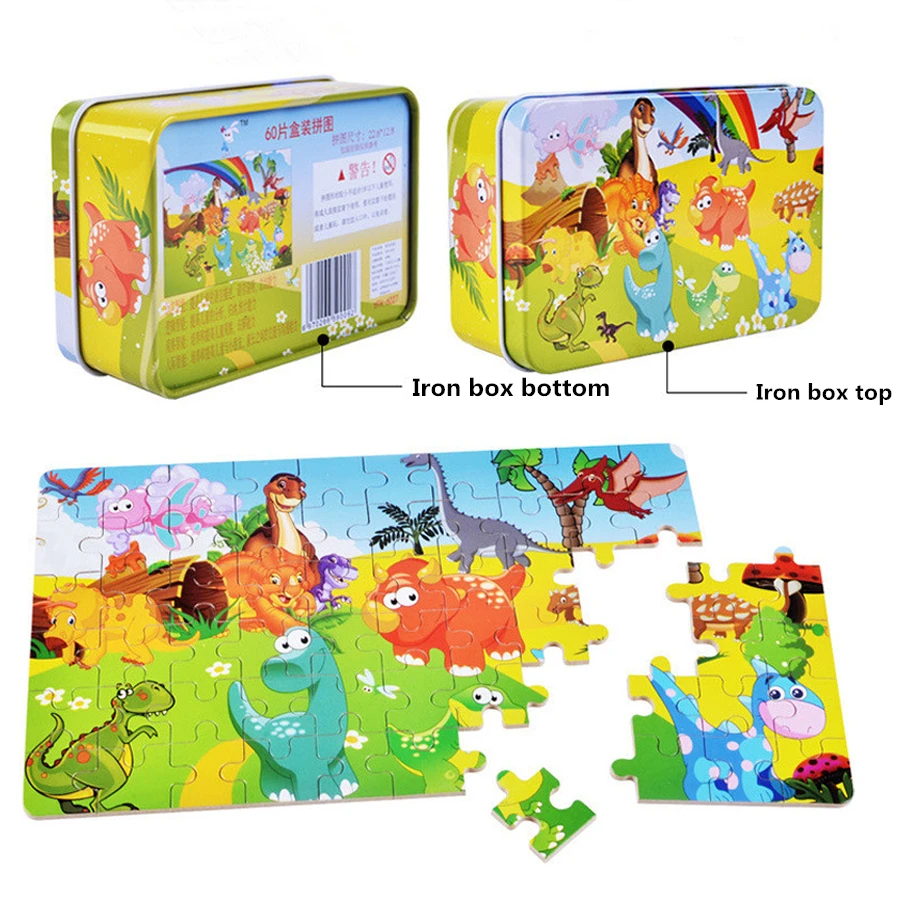 60 Pieces Puzzle Wooden Toys Cartoon Animal Wood Puzzles with Iron Box Kids Baby Early Educational Learning Toys for Children