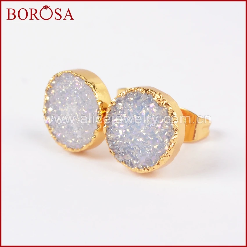 

BOROSA Fashion Gold Druzy Stud Earrings For Women, 10mm Round Crystal Titanium AB Druzy Stud Earrings G681