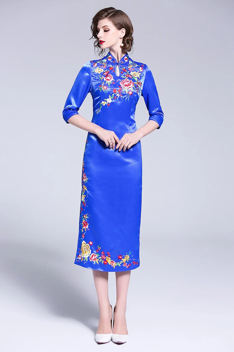 Китайский стиль Cheongsam вышивка Florals Женщины платье элегантный воротник-стойка Женский Тонкий платья осень голубой розовый