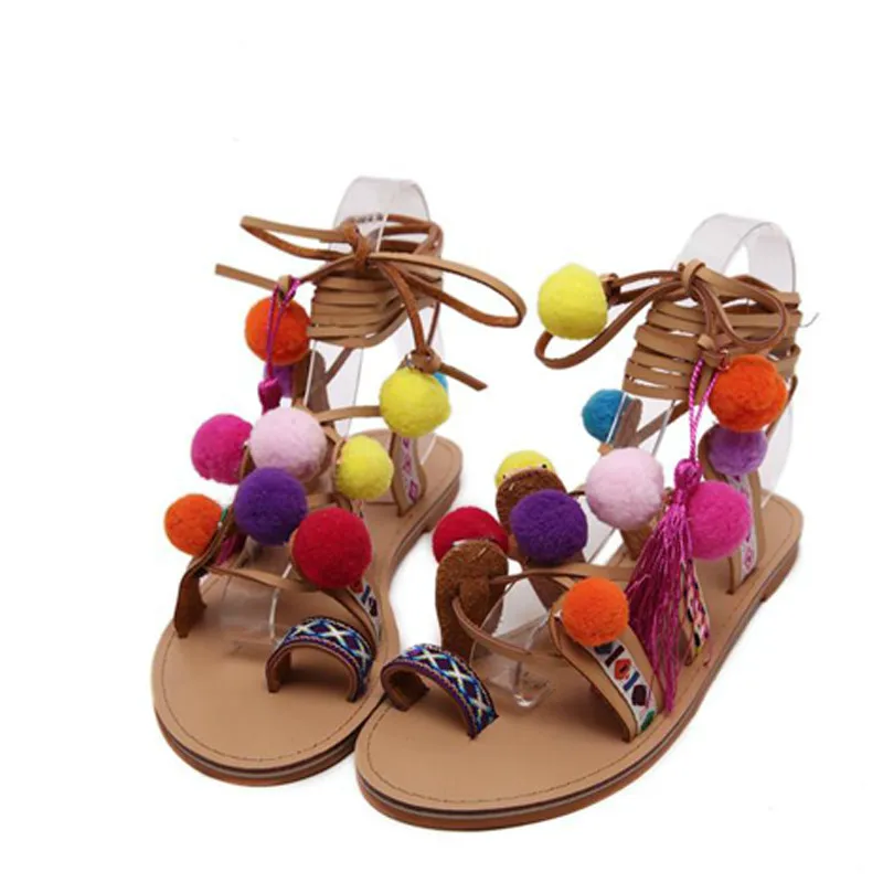 

Bohemia Style Fringed Pompoms Lady Gladiator Fringed Sandals Shoes Cross Strap Tie Up Fashion Women Flats Sandals Size 35-40