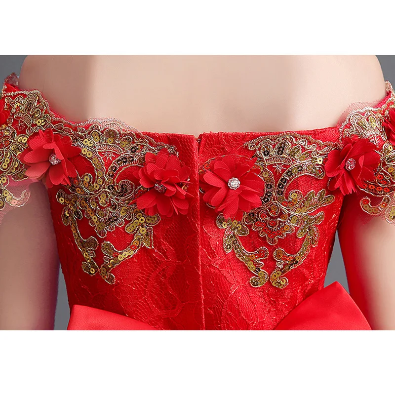 Princess Girls Dresses 2017 New Embroidery Mullet dress Red Dress With Bow Shoulderless Evening Floral JF63 | Детская одежда и