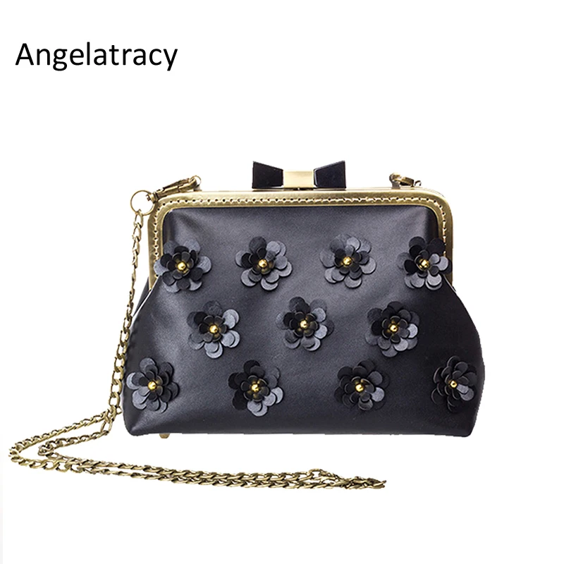 Angelatracy 2018 черная сумка на плечо с объемными цветами Женская вечерняя клатч
