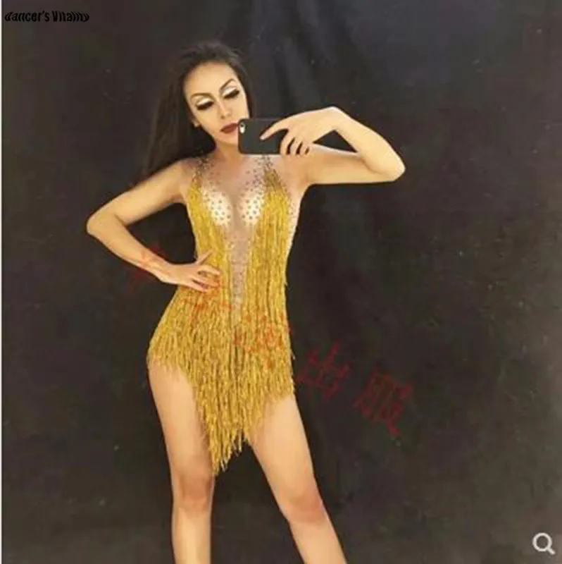 

Luxury Sparkly Crystals Tassel Bodysuit Costume Celebrate Rhinestones Birthday Yellow Diamonds Leotard Sexy Nightclub DS Dres