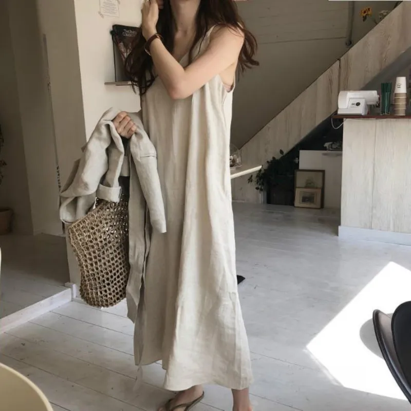 Летнее свободное платье без рукавов женское повседневное хлопковое белье