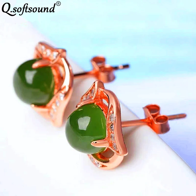 Женские серьги гвоздики с бусинами Chrysoprase белое золото/розовый золотой цвет
