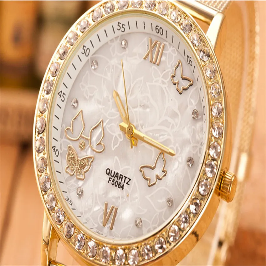 Женские часы с кристаллами и золотыми бабочками из нержавеющей стали сетчатые