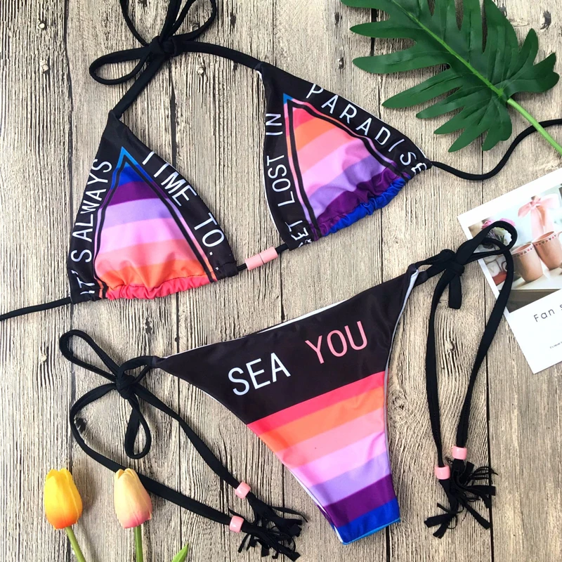 Letter Print Bandage Strap Push Sexy Women Beach Bikini Tankini Monokini Biquini Swimsuit Swimwear Lingerie Bra Bathing Suit | Женская