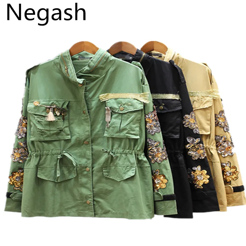 Высокое качество Negash новая с вышитыми блестками тонкая куртка пальто для женщин