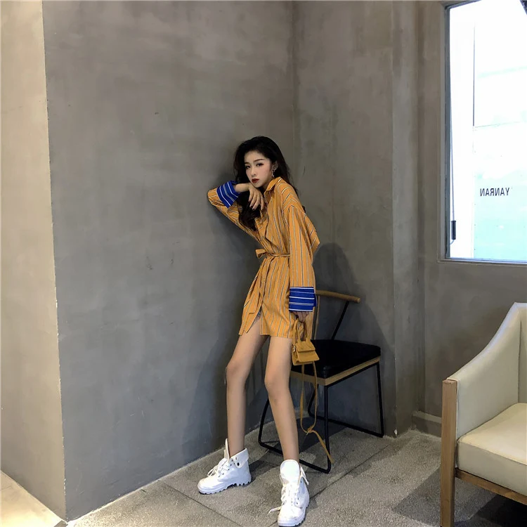 WHITNEY WANG 2018 осеннее модное уличное цветное контрастное Полосатое платье рубашка