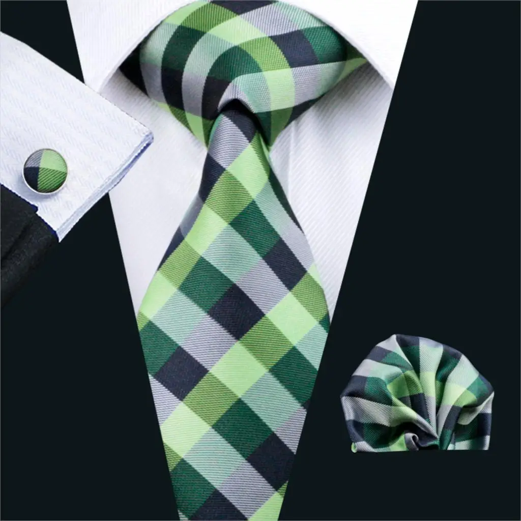 

FA-406 Gents Necktie Green Plaid 100% Silk Jacquard Tie Hanky Cufflinks Set Business Wedding Party Ties For Men Free Shipping