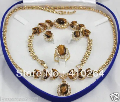 

free shipping $wholesale_jewelry_wig$ GP Tiger Eye Stone necklace bracelet earring ring set