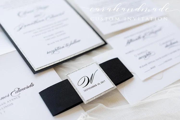 Черный белый серебристый блестящие свадебные приглашения и открытка RSVP