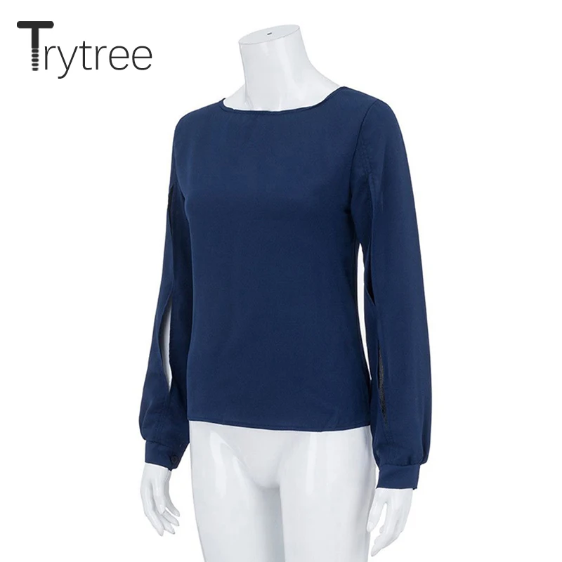 Trytree Summer Autumn Top Women Blouse Casual Shirt Solid Polyester O-Neck Tops Hollow Out Sleeves clothes Office Lady Shirts |
