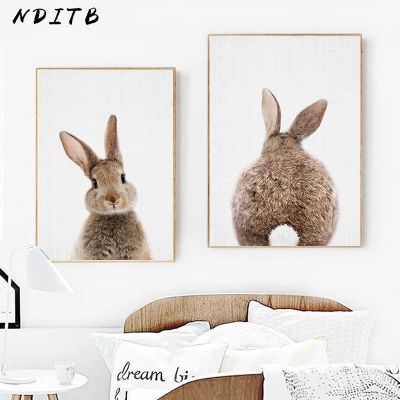 

Bunny Rabbit Tail Wall Art Picture Woodland Animal Canvas Poster Nursery Print Minimalist Painting Nordic Kids Baby Room Decor