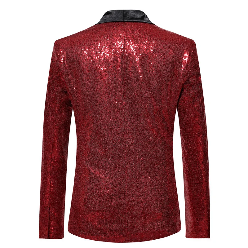Shiny Red Sequin Bling Glitter Blazer Jacket Men 2019 New Shawl Collar One Button Nightclub Party Prom DJ Rock and Roll Costumes | Мужская