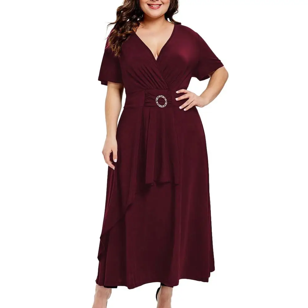 Однотонное платье женская летняя обувь размера плюс с V образным вырезом и