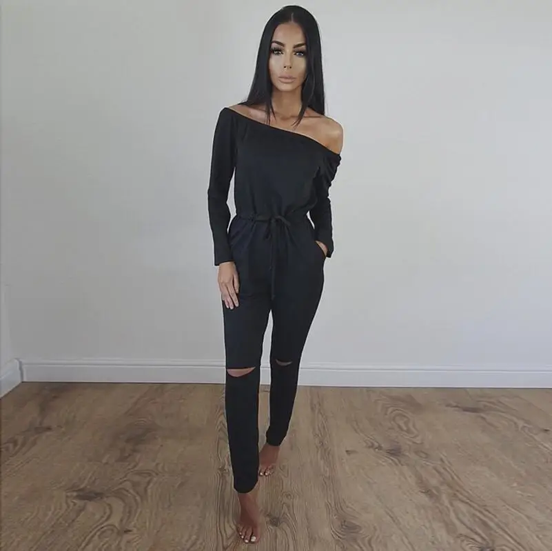 

Elegant Sexy Jumpsuits Women Long Sleeves Jumpsuit Slim Trouser Bodycon Rompers Belted Off Shoulder Clothes Casual Spring Autumn