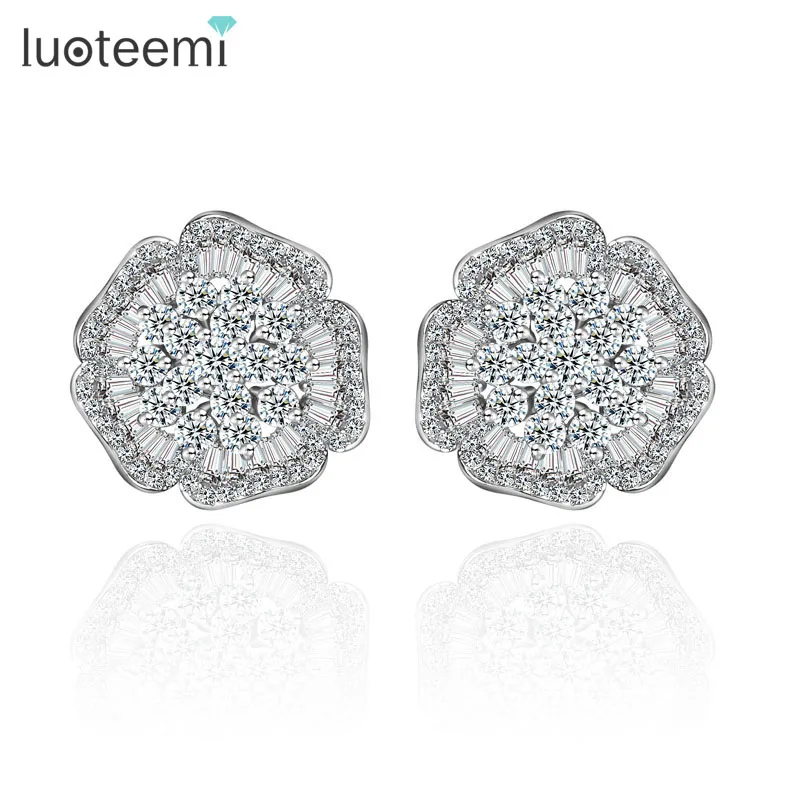 

LUOTEEMI Brand New Luxury Crystal Flower Shape Stud Earrings AAA Cubic Zirconia Dinner Party Earrings Bridal Wedding Jewelry