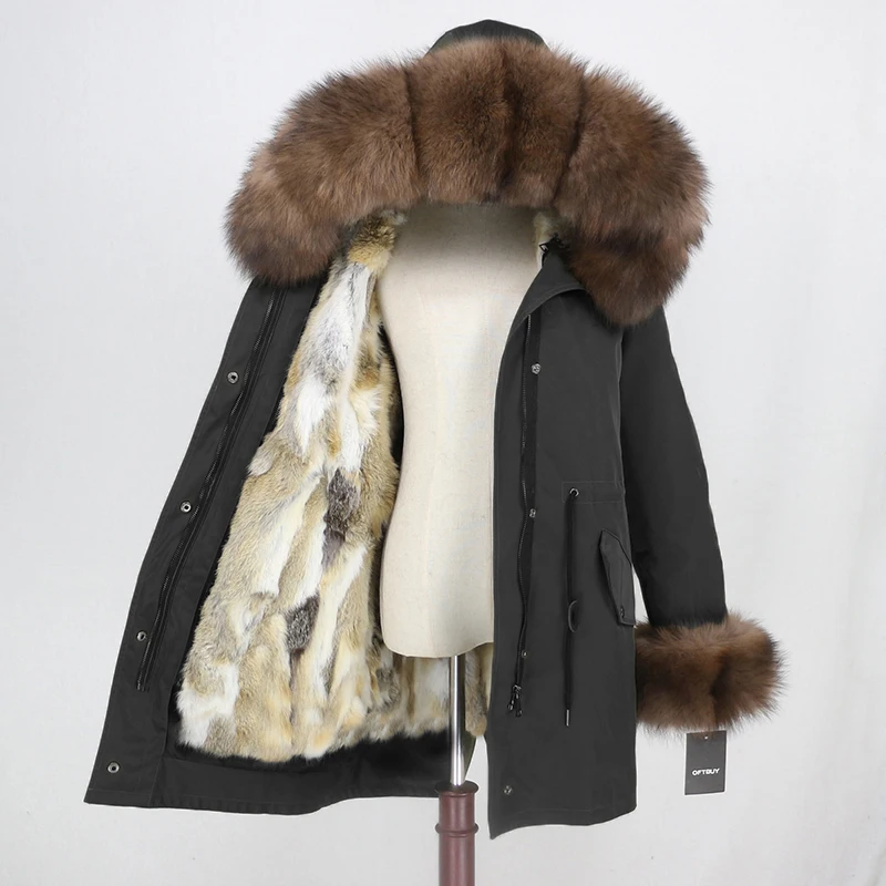 black dark brown OFTBUY, зимняя куртка для женщин, натуральный мех, пальто, водонепроницаемая парка, натуральный Лисий мех, воротник, манжеты, мех кролика, подкладка, верхняя одежда, съемная, Новинка - Цвет: black dark brown