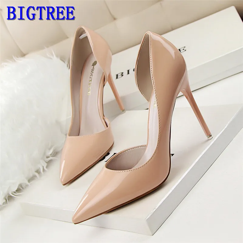 

BIGTREE 2020 Concise Solid Patent Leather Shallow Women Pumps Sexy Cut-outs Pointed Toe High Heels 10cm Shoes
