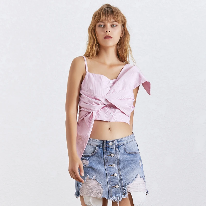 TWOTWINSTYLE укороченный топ блузка для женщин косой воротник бант с открытыми плечами