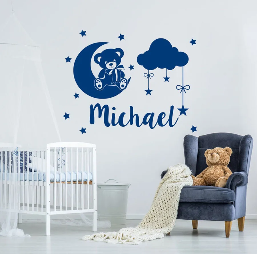 

Cute Teddy Bear Custom Name Wall Sticker Bear Month Star Personalized Clouds Nursery Bedroom Decoration For Boys Girls Room W504