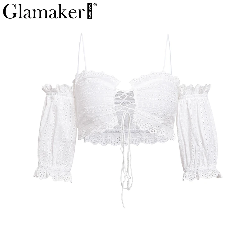 Женский короткий топ Glamaker белый с открытыми плечами на лето со шнуровкой