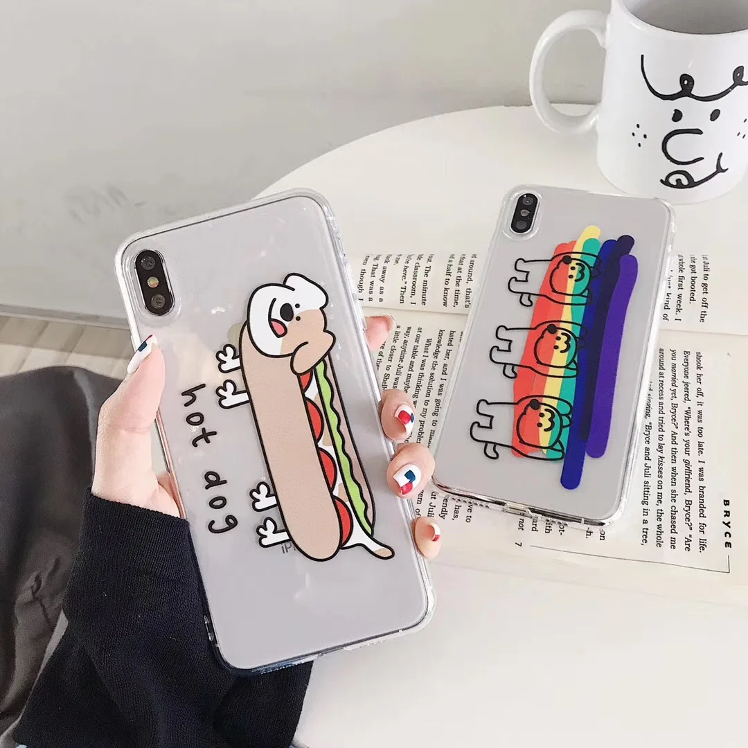 INS Korea Care Bear Rainbow Hot Dog Cute Cartoon Case For Apple iPhone X XS Max Xr 8 7 6 s Plus Clear Back TPU Phone Cover |