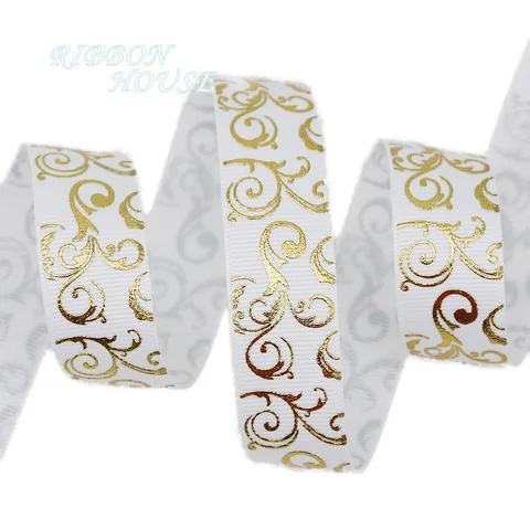 (10 ярдов/Лот) 25 мм белая Золотая фольга горячего тиснения grosgrain лента подарок свадебные ленты рулон оптовая продажа